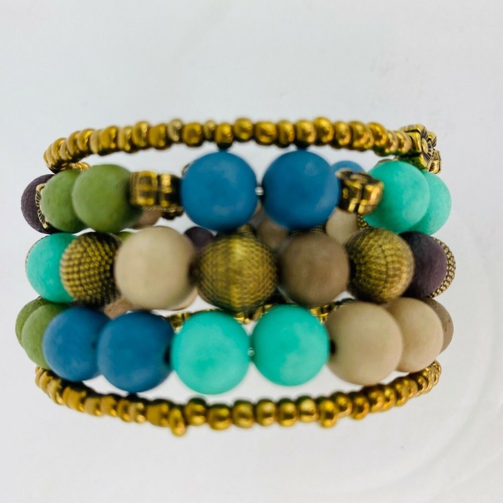 Blue Green Beige Gold Tone Bead Stack Bracelet